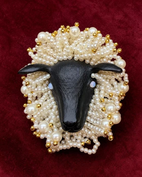 Handcrafted Pearl Ram Brooch | Austrian Crystal Pearls & Thick 18K Gold Plating